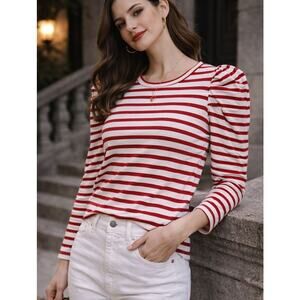 Rebecca Minkoff Parisian Valentine Striped Puff Sleeve Top XS Red Romantic Prep